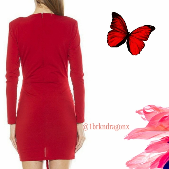 NWT Rose Red Ruched Long Sleeve Dress Red Mini Cocktail Party Evening Ruffle - Picture 11 of 15